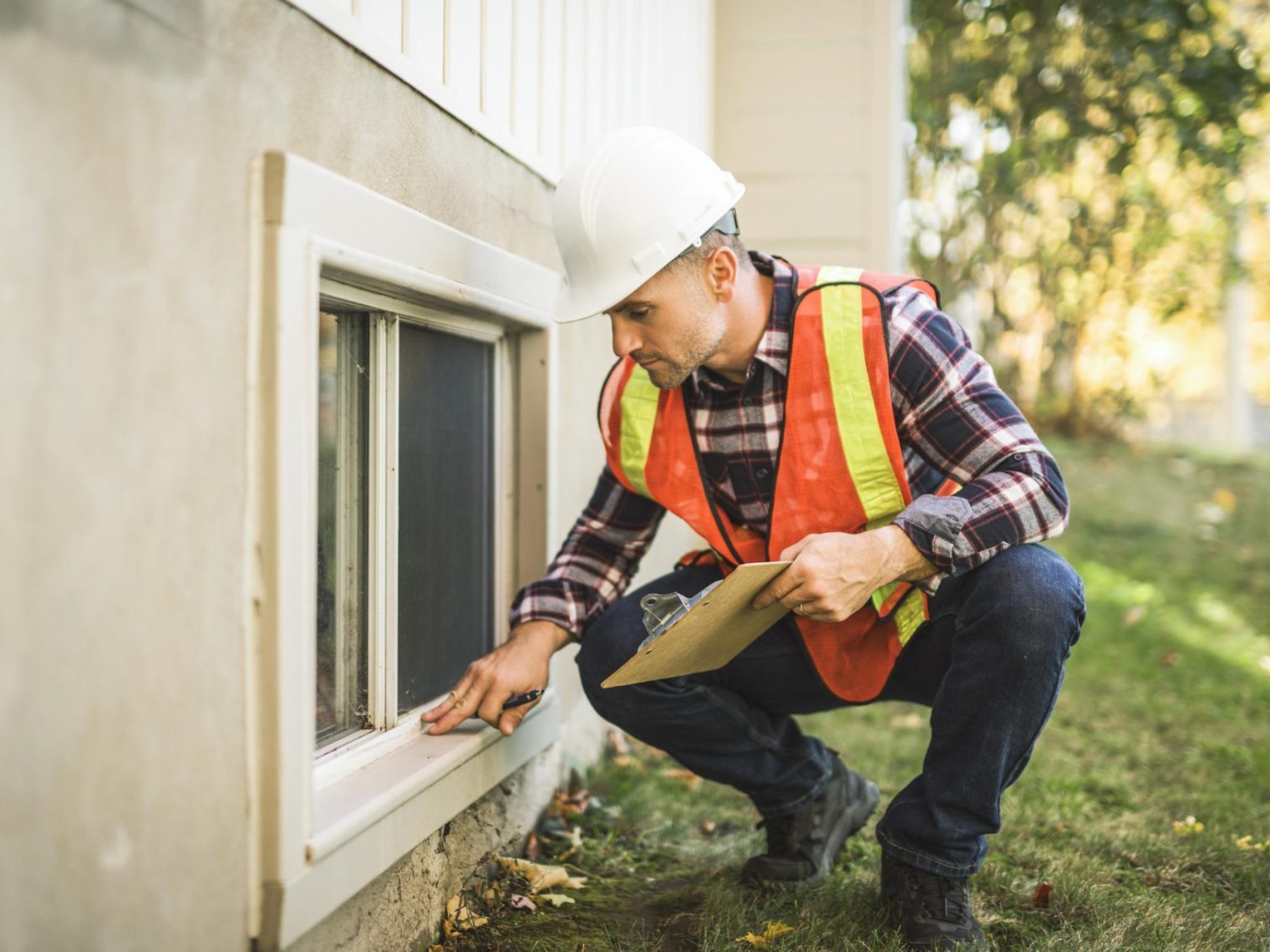 A man inspecting a house window outside during the VA appraisal.